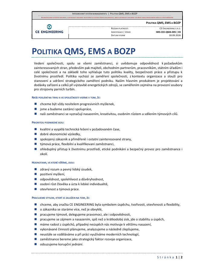 Náhled dokumentu: Politika QMS, EMS a BOZP